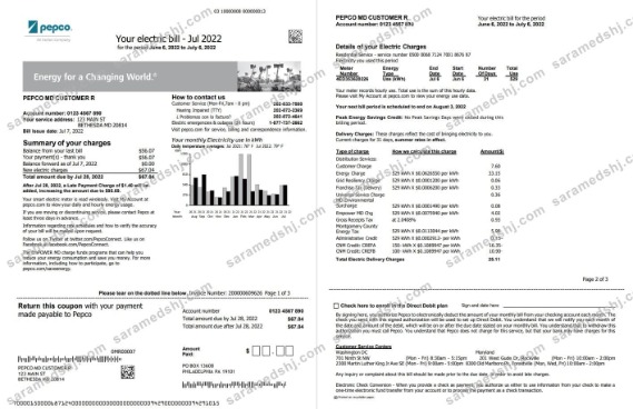 USA Maryland Pepco utility bill, Word and PDF template, 3 pages 1 2